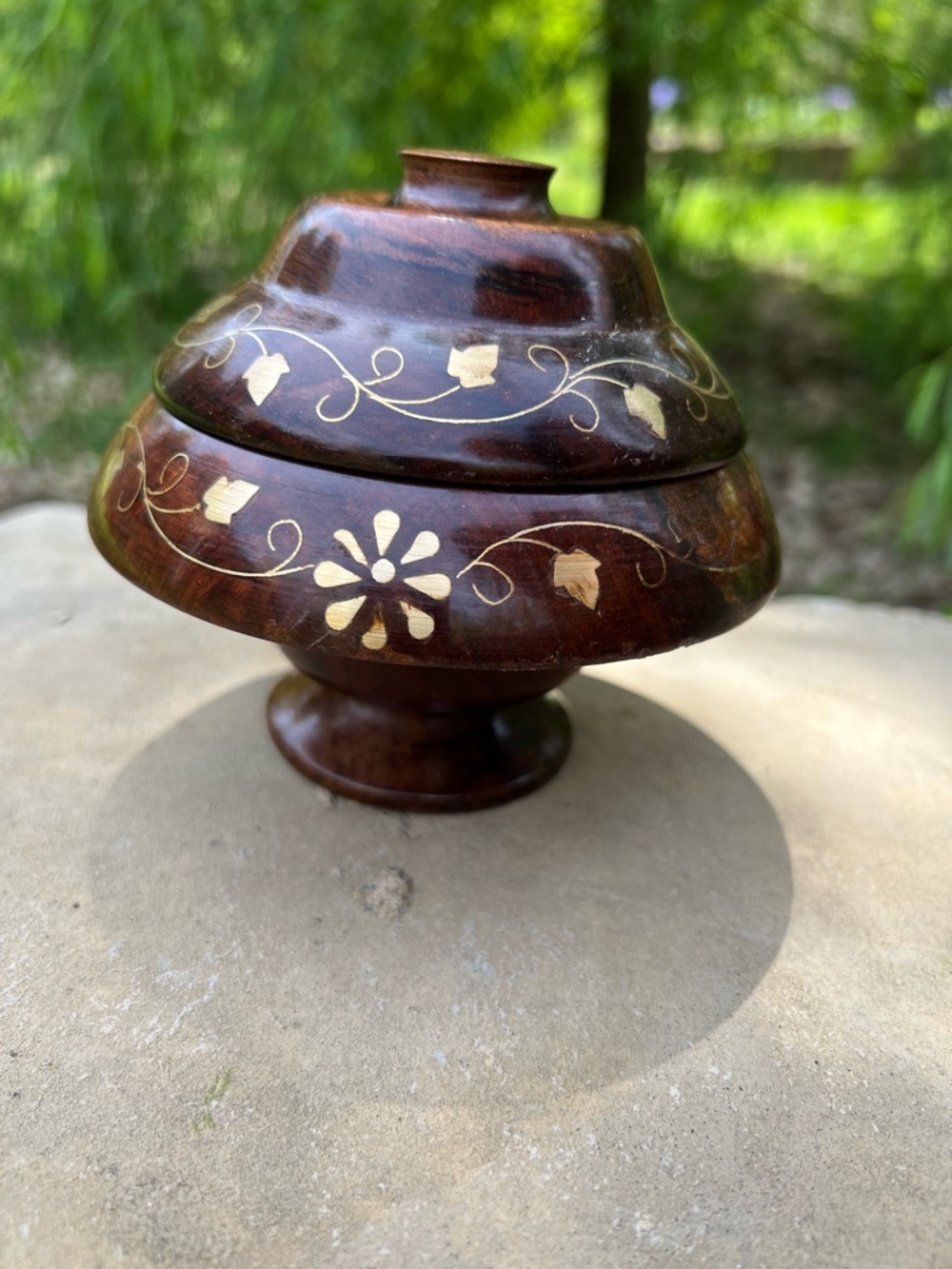 Vintage Olive wood hand engraved , inlaid brass floral design box.